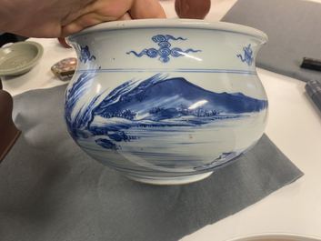 A Chinese blue and white censer with a mountainous landscape, Kangxi